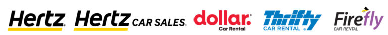 A horizontal collection of logos representing the Hertz brand family, including Hertz, Dollar Car Rental, Thrifty Car Rental, Firefly Car Rental, and Hertz Car Sales. Each logo is styled uniquely to reflect the identity of its respective brand.